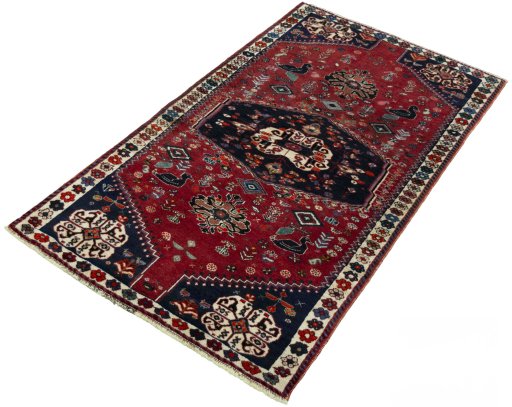 Corner detail of 2000s Shiraz rug showing border pattern and Wool pile