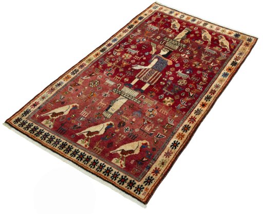 Corner detail of 2000s Shiraz rug showing border pattern and Wool pile