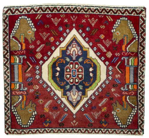 Full view of 2000s Shiraz rug from Iran / Persia, 68 × 76 cm in Red tones