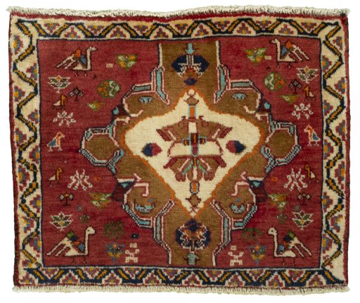 Full view of 2000s Shiraz rug from Iran / Persia, 49 × 60 cm in Red tones