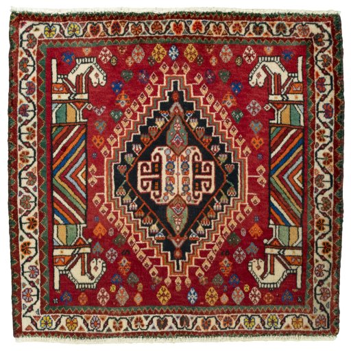 Full view of 2000s Shiraz rug from Iran / Persia, 63 × 65 cm in Red tones