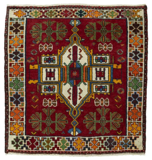 Full view of 2000s Shiraz rug from Iran / Persia, 73 × 70 cm in Red tones