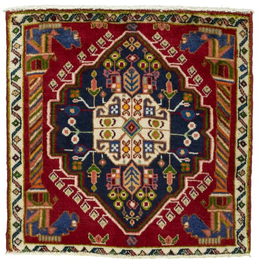 Full view of 2000s Shiraz rug from Iran / Persia, 60 × 60 cm in Red tones