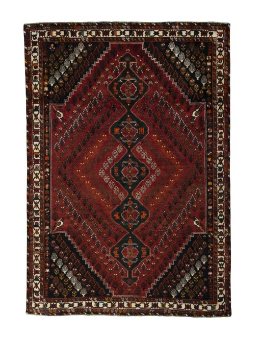 Full view of 2000s Shiraz rug from Iran / Persia, 330 × 228 cm in Red tones
