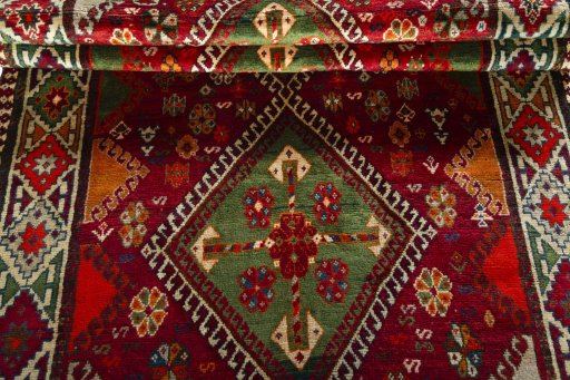 Full view of 2000s Shiraz rug from Iran / Persia, 226 × 123 cm in Red tones
