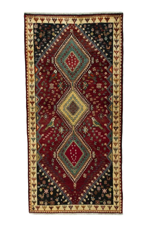 Full view of 2000s Shiraz rug from Iran / Persia, 220 × 108 cm in Red tones