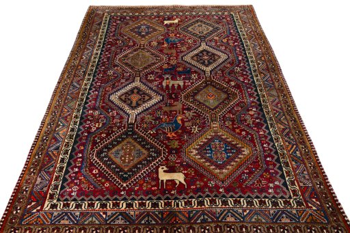 Surface texture of 2000s Shiraz rug with natural Wool and intricate pattern