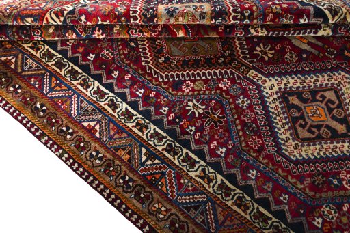 Full view of 2000s Shiraz rug from Iran / Persia, 322 × 211 cm in Red tones