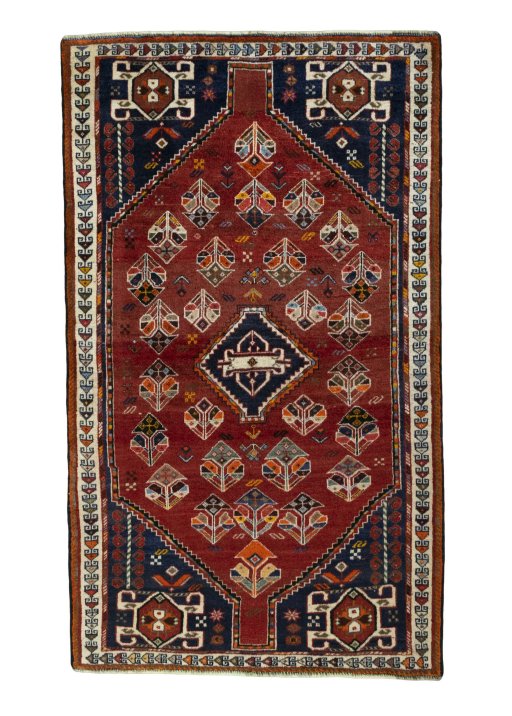 Full view of 2000s Shiraz rug from Iran / Persia, 210 × 124 cm in Red tones