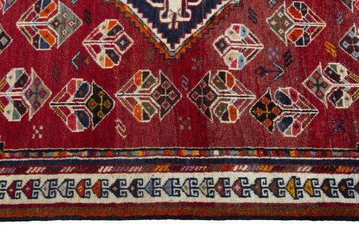Full view of 2000s Shiraz rug from Iran / Persia, 210 × 124 cm in Red tones