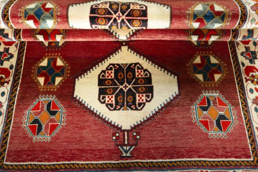 Full view of 2000s Shiraz rug from Iran / Persia, 263 × 154 cm in Red tones