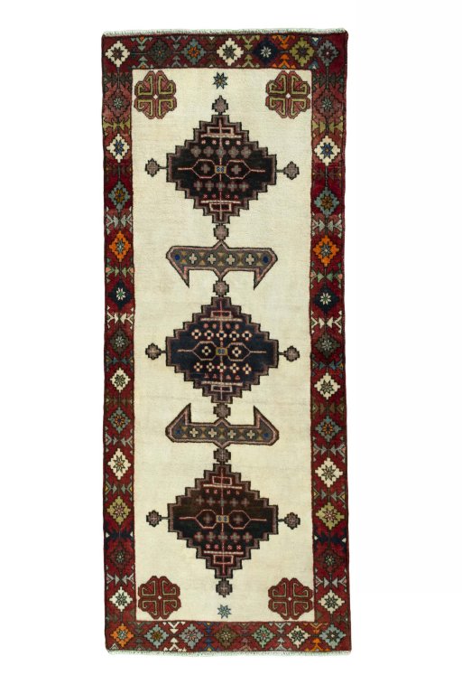 Full view of 2000s Shiraz rug from Iran / Persia, 203 × 80 cm in Beige tones
