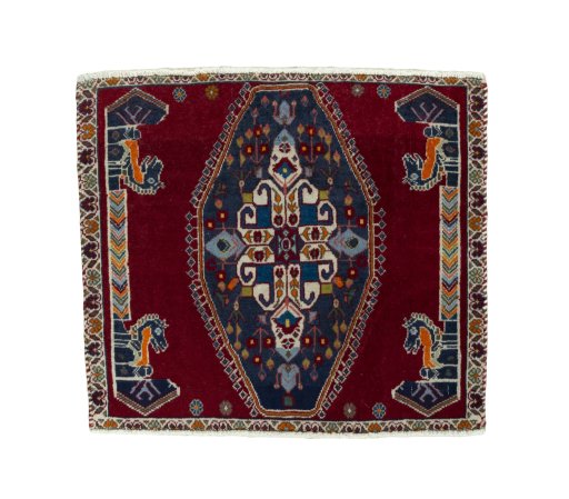 Full view of 2000s Shiraz rug from Iran / Persia, 57 × 63 cm in Red tones