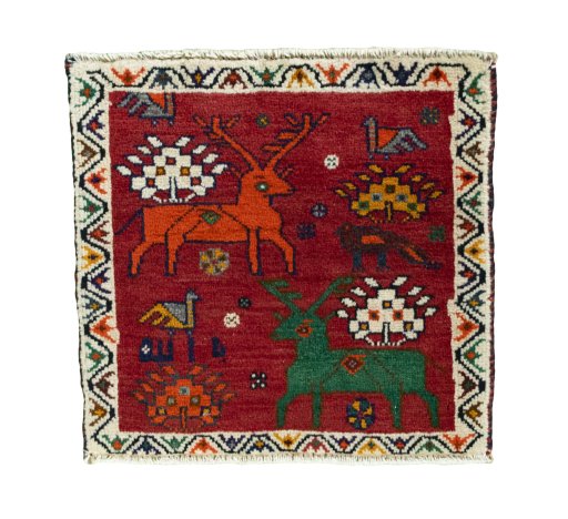 Full view of 2000s Shiraz rug from Iran / Persia, 47 × 50 cm in Red tones