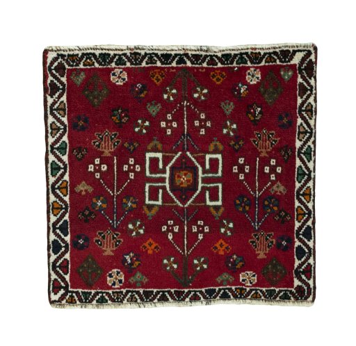 Full view of 2000s Shiraz rug from Iran / Persia, 57 × 60 cm in Red tones