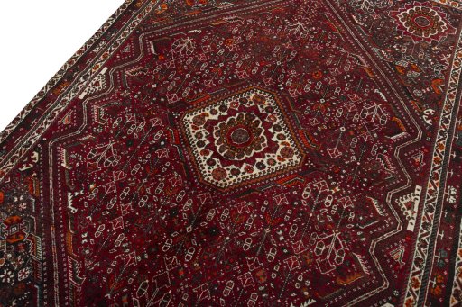 Backside of handmade 2000s Shiraz rug showing knot structure and weave density