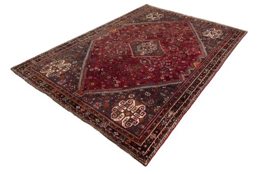 Corner detail of 1970s Shiraz rug showing border pattern and Wool pile