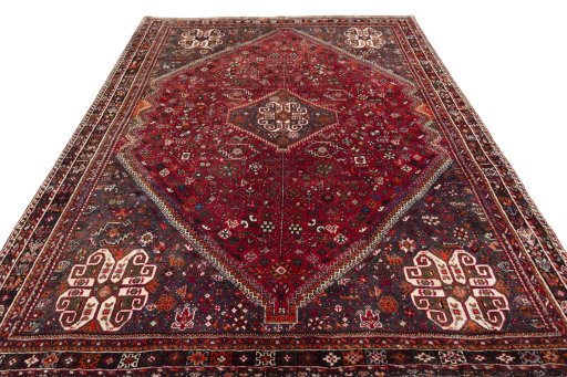 Surface texture of 1970s Shiraz rug with natural Wool and intricate pattern