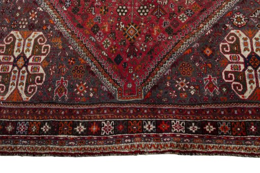 Full view of 1970s Shiraz rug from Iran / Persia, 313 × 220 cm in Red tones