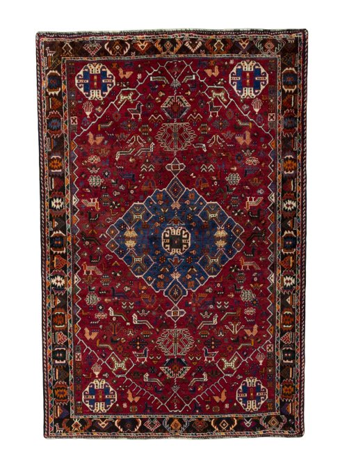 Full view of 2000s Shiraz rug from Iran / Persia, 225 × 150 cm in Red tones