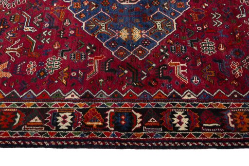 Full view of 2000s Shiraz rug from Iran / Persia, 225 × 150 cm in Red tones