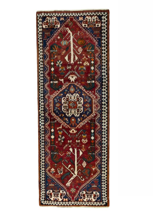 Full view of 2000s Shiraz rug from Iran / Persia, 234 × 87 cm in Red tones