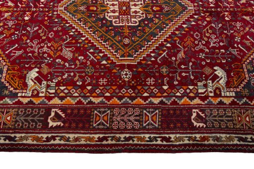 Full view of 2000s Shiraz rug from Iran / Persia, 254 × 159 cm in Red tones
