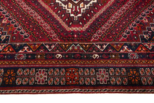 Full view of 2000s Shiraz rug from Iran / Persia, 257 × 176 cm in Red tones