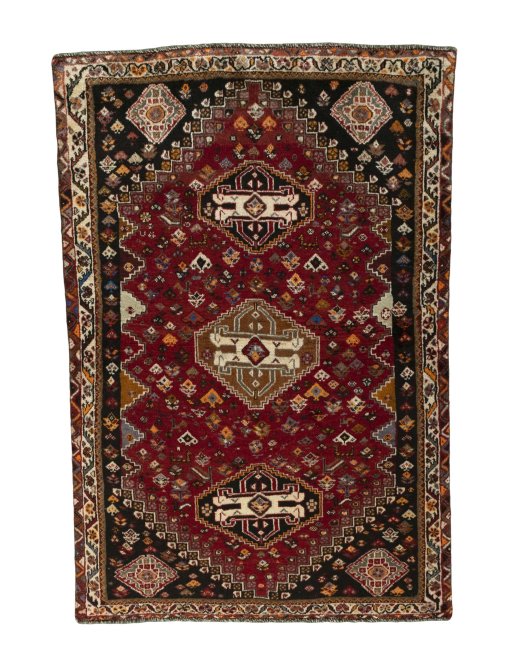 Full view of 2000s Shiraz rug from Iran / Persia, 175 × 118 cm in Red tones