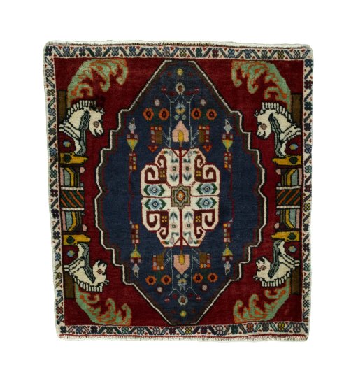 Full view of 2000s Shiraz rug from Iran / Persia, 76 × 70 cm in Red tones