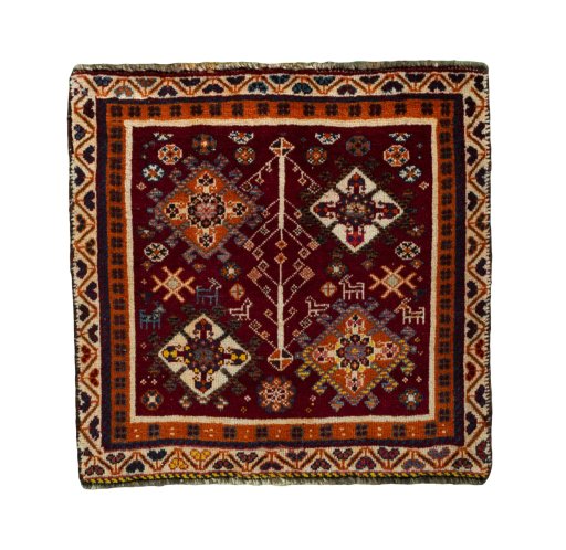 Full view of 2000s Shiraz rug from Iran / Persia, 62 × 64 cm in Red tones