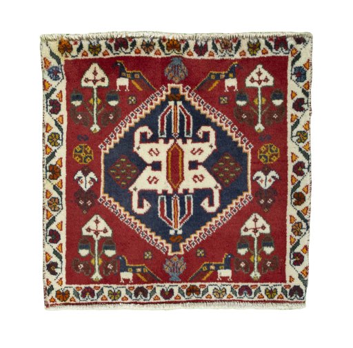 Full view of 2000s Shiraz rug from Iran / Persia, 61 × 63 cm in Red tones