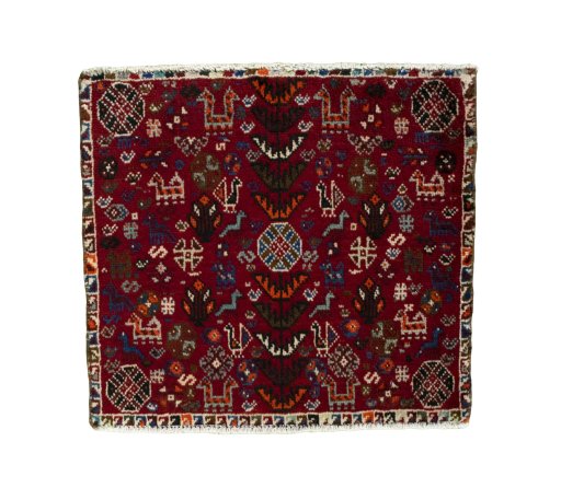 Full view of 2000s Shiraz rug from Iran / Persia, 53 × 58 cm in Red tones