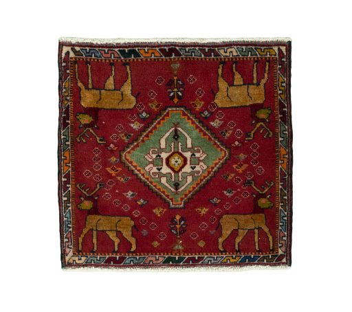 Full view of 2000s Shiraz rug from Iran / Persia, 53 × 55 cm in Red tones