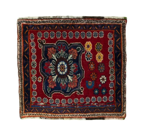Full view of 2000s Shiraz rug from Iran / Persia, 55 × 61 cm in Red tones