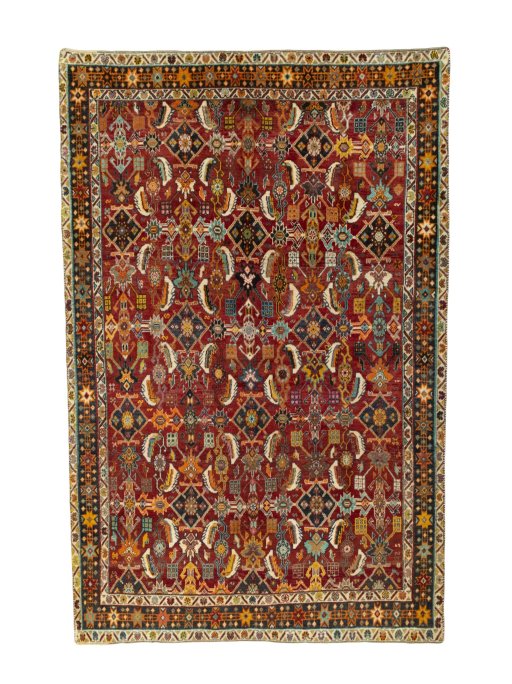 Full view of 2000s Shiraz rug from Iran / Persia, 247 × 160 cm in Red tones