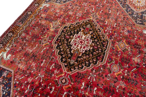 Backside of handmade 2000s Shiraz rug showing knot structure and weave density