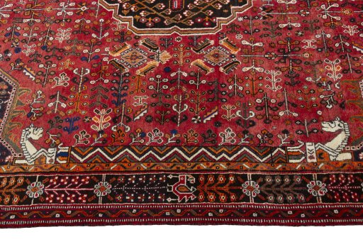 Full view of 2000s Shiraz rug from Iran / Persia, 303 × 210 cm in Red tones