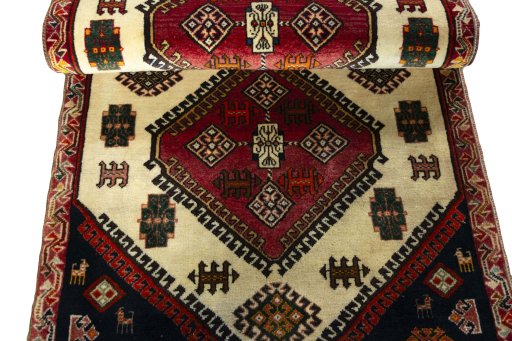 Full view of 2000s Shiraz rug from Iran / Persia, 175 × 84 cm in Beige tones