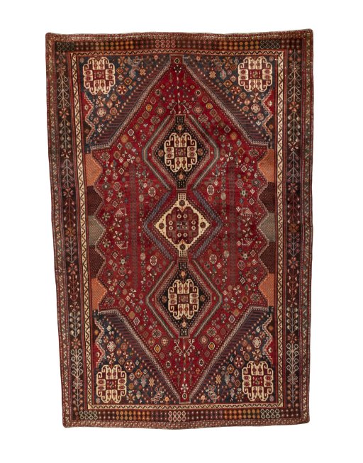Full view of 2000s Shiraz rug from Iran / Persia, 265 × 176 cm in Red tones