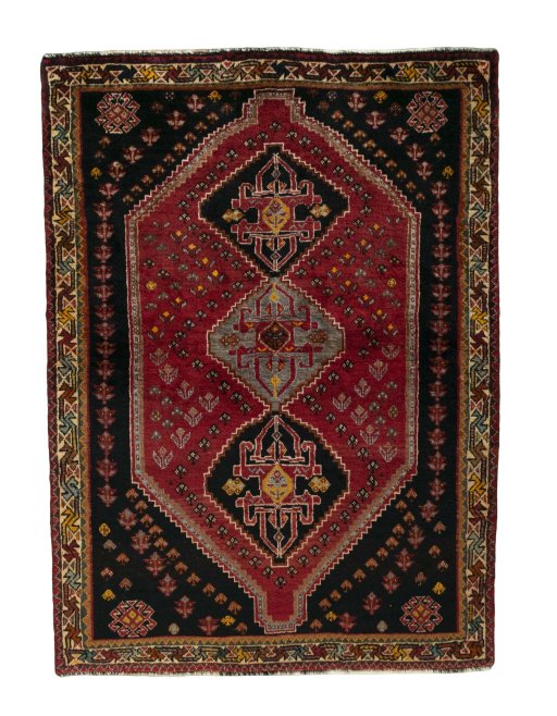 Full view of 2000s Shiraz rug from Iran / Persia, 162 × 120 cm in Red tones
