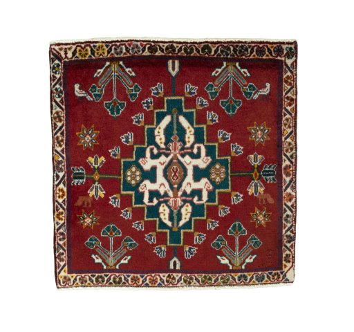 Full view of 2000s Shiraz rug from Iran / Persia, 56 × 56 cm in Red tones