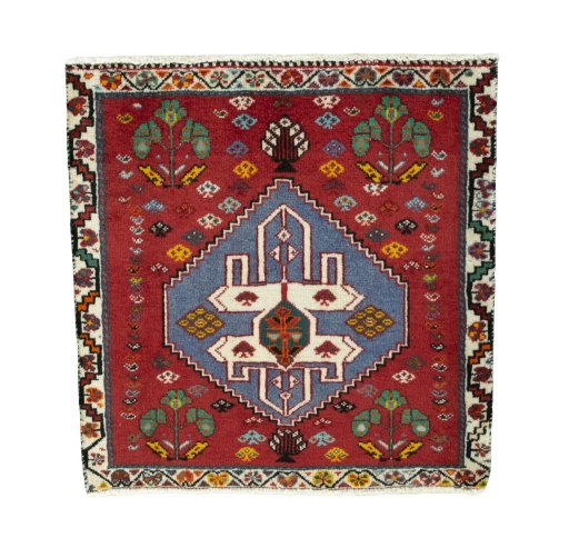 Full view of 2000s Shiraz rug from Iran / Persia, 63 × 63 cm in Red tones