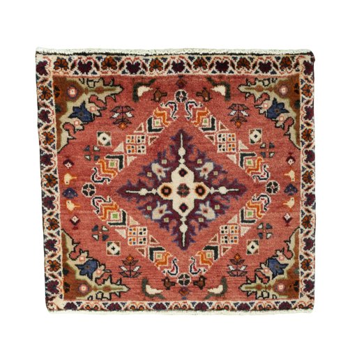 Full view of 2000s Shiraz rug from Iran / Persia, 59 × 62 cm in Red tones