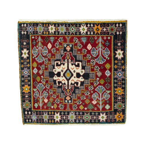 Full view of 2000s Shiraz rug from Iran / Persia, 61 × 65 cm in Red tones