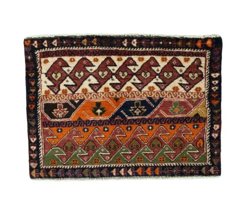 Full view of 2000s Shiraz rug from Iran / Persia, 49 × 67 cm in Multi Color tones