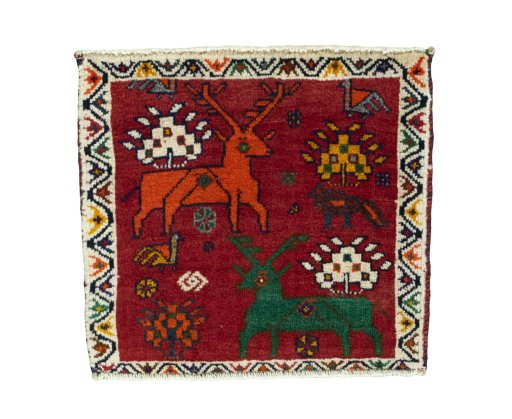 Full view of 2000s Shiraz rug from Iran / Persia, 46 × 50 cm in Red tones