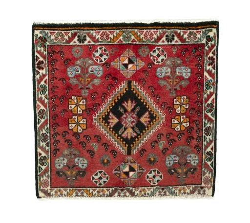 Full view of 2000s Shiraz rug from Iran / Persia, 57 × 60 cm in Red tones
