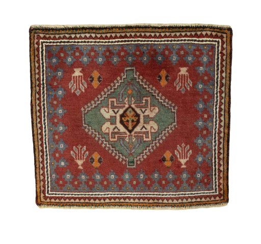 Full view of 2000s Shiraz rug from Iran / Persia, 56 × 67 cm in Red tones