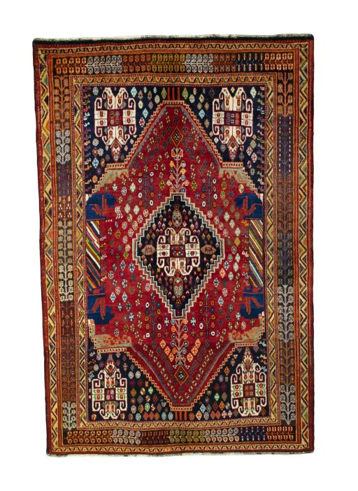 Full view of 2000s Shiraz rug from Iran / Persia, 248 × 163 cm in Red tones